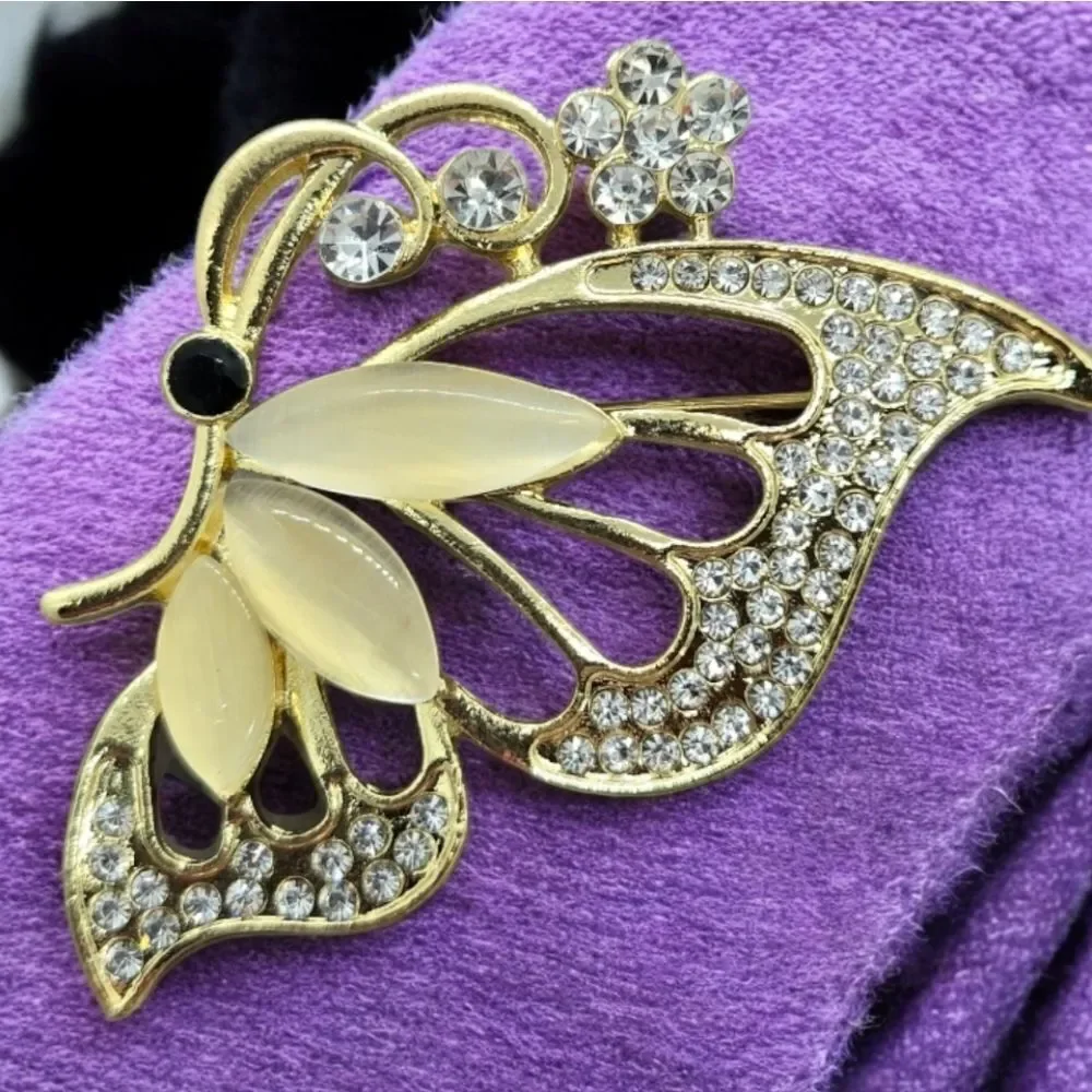 Elegant Gold Butterfly Rhinestone Brooch Pin Large Statement Lapel Accessory